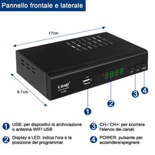 Carica l'immagine nel visualizzatore di Gallery, Decoder DVB-T2, HD 1080p H.265 HEVC Ricevitore Digitale Terrestre HDMI TV Stick 10 Bit 60 FPS, USB WiFi Supporto, SCART, Ethernet, Universal Remote Control