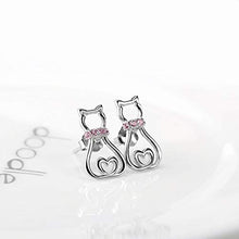 Carica l'immagine nel visualizzatore di Gallery, Gatto Orecchini in Argento Sterling 925 Blu Viola Zirconia Gattino con Cuore...