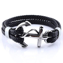 Carica l'immagine nel visualizzatore di Gallery, PLANETYS - Bracciale Ancora in Vera Pelle intrecciato Nero Acciaio...