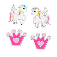 Carica l'immagine nel visualizzatore di Gallery, SL – Silver 2 paia di orecchini per bambini a forma unicorno e Pink-pink