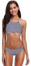 Carica l'immagine nel visualizzatore di Gallery, SHEKINI Stripe High Neck Bikini Donna Sexy Halter Vintage Regolabile Croce...