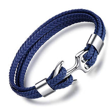 Carica l'immagine nel visualizzatore di Gallery, MicLee - Bracciale da Uomo con Ancora, in Vera Pelle, Realizzato a Mano, Blu - Ilgrandebazar