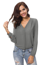 Carica l'immagine nel visualizzatore di Gallery, Urban GoCo Donne Camicette Manica Lunga Pieghe Chiffon con Scollo V S, Grigio - Ilgrandebazar