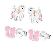 Carica l'immagine nel visualizzatore di Gallery, SL-Silver 2 Paio di Bambini Orecchini Set Unicorno Glitter Argento 925 Pink