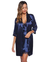 Carica l'immagine nel visualizzatore di Gallery, Aibrou Vestaglia Donna Sexy in Seta 2 Pezzi V-Collo, Indumenti da M, Navy Blu - Ilgrandebazar
