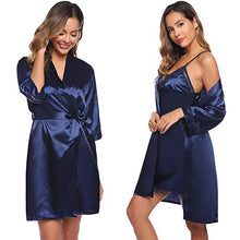 Carica l'immagine nel visualizzatore di Gallery, Aibrou Vestaglia Donna Sexy in Seta 2 Pezzi V-Collo, Indumenti da M, Navy Blu - Ilgrandebazar