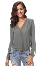 Carica l'immagine nel visualizzatore di Gallery, Urban GoCo Donne Camicette Manica Lunga Pieghe Chiffon con Scollo V S, Grigio - Ilgrandebazar