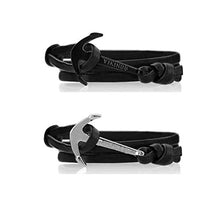 Carica l'immagine nel visualizzatore di Gallery, Vikings - Set di 2 bracciali in Pelle con Ancora e Cannonball Nero/Argento - Ilgrandebazar