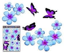 Carica l'immagine nel visualizzatore di Gallery, Fiore frangipani plumeria blu doppio + farfalla grande adesivi auto... - Ilgrandebazar