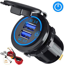 Carica l'immagine nel visualizzatore di Gallery, QC3.0 Presa USB per Auto Doppio con Interruttore Touch 12V / 24V 36W Blu