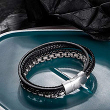 Carica l'immagine nel visualizzatore di Gallery, Murtoo Bracciale Uomo Acciaio Braccialetto Pelle e Pietra Nero E Argento - Ilgrandebazar