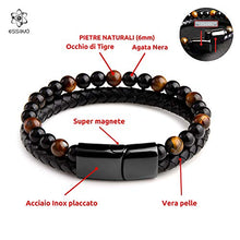 Carica l'immagine nel visualizzatore di Gallery, ess3vu' Bracciale Uomo Cuoio | Braccialetti in Pelle Pietre Nero (20.5cm) - Ilgrandebazar