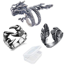 Carica l'immagine nel visualizzatore di Gallery, PPX 3 Pezzi Regolabile da Uomo Unisex Forma Drago Cinese e Anello a Piuma...