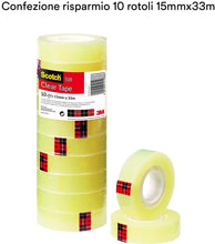Carica l'immagine nel visualizzatore di Gallery, Scotch Nastro Adesivo 3M, Trasparente Acrilico, 15 mm x 33 m, Confezione Torretta da 10 Pezzi