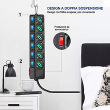 Carica l'immagine nel visualizzatore di Gallery, Extrastar Multipresa ciabatta elettrica 6 Posti 10/16A Bipasso Schuko 250V Max:2500W con interruttori indipendenti 1,5MT(Nero)