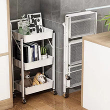 Carica l'immagine nel visualizzatore di Gallery, Carrello Cucina Pieghevole Multiuso con Manico 3 Ripiani Cestelli 4 Ruote girevoli e Freno Integrato in Metallo Trolley Salvaspazio da Servizio Bianco