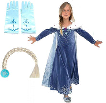 Carica l'immagine nel visualizzatore di Gallery, Costume da Elsa per bambina - Con guanti e treccia Taglia 120 - 3-4 anni, blu - Ilgrandebazar