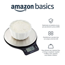 Carica l'immagine nel visualizzatore di Gallery, Amazon Basics - Bilancia digitale da cucina con display LCD, priva di bisfenolo A (pile incluse), Nero e acciaio inossidabile