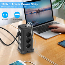 Carica l'immagine nel visualizzatore di Gallery, FDTEK Multipresa Verticale，Ciabatta Multipresa Con 12 Prese e 4 Porte USB， Torretta Multipresa Elettrica Con Protezione da Sovraccarico，Cavo da 2 m，Adatto per casa e ufficio，4000W / 16A