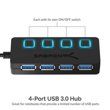 Carica l'immagine nel visualizzatore di Gallery, Sabrent a 4 porte Hub USB 3.0 con interruttori di alimentazione 3.0, Nero