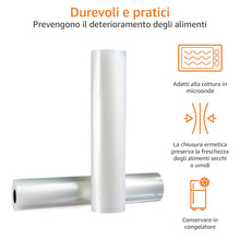 Carica l'immagine nel visualizzatore di Gallery, Amazon Basics - Rotoli sottovuoto per alimenti, Riutilizzabili, 30 cm x 600 cm, 2 unità