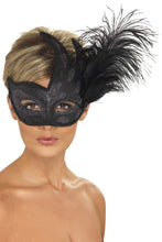 Carica l'immagine nel visualizzatore di Gallery, Smiffys Maschera da Colombina ornata di piume, nera - Ilgrandebazar