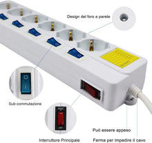 Carica l'immagine nel visualizzatore di Gallery, Extrastar Multipresa ciabatta elettrica 6 Posti 10/16A Bipasso Schuko 250V Max:2500W con interruttori indipendenti 1,5MT