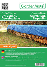 Carica l'immagine nel visualizzatore di Gallery, GardenMate 2m x 3m Telone in tessuto UNIVERSAL 90g/m2 x 3m, blu/verde