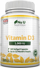 Carica l'immagine nel visualizzatore di Gallery, Vitamina D3 1000UI 365 Capsule Softgel Integratore di vitamina d3 Nu U Nutrition