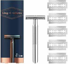 Carica l'immagine nel visualizzatore di Gallery, Rasoio di sicurezza King C. Gillette per barba uomo + 5 lamette a doppio taglio