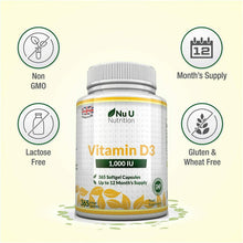Carica l'immagine nel visualizzatore di Gallery, Vitamina D3 1000UI 365 Capsule Softgel Integratore di vitamina d3 Nu U Nutrition