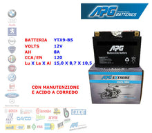 Carica l'immagine nel visualizzatore di Gallery, BATTERIA MOTO SCOOTER QUAD 12V 8A CCA/EN 120 YTX9-BS APG EXTREME XETX9BS