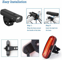 Carica l'immagine nel visualizzatore di Gallery, Luce LED per bicicletta ricaricabile tramite USB, Faro anteriore + Posteriore