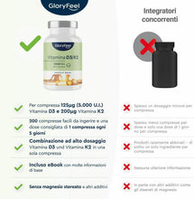 Carica l'immagine nel visualizzatore di Gallery, Vitamina D3 + K2 200 Compresse, 5000 UI Vitamina D, 200 µg Vitamina K, Supporto