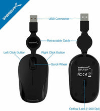 Carica l'immagine nel visualizzatore di Gallery, Mini Mouse da portatile Viaggio USB Sabrent con cavo retrattile, 1200 DPI, Nero