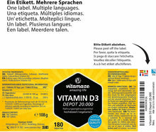 Carica l'immagine nel visualizzatore di Gallery, Vitamaze Vitamina D3 ad alto dosaggio 20000 UI(dose per 20 giorni) 180 compresse