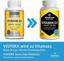 Carica l'immagine nel visualizzatore di Gallery, Vitamaze Vitamina D3 ad alto dosaggio 20000 UI(dose per 20 giorni) 180 compresse