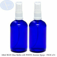 Carica l'immagine nel visualizzatore di Gallery, confezione da 2 - 100ml bottiglie di vetro blu con bianco ATOMIZZATORE...