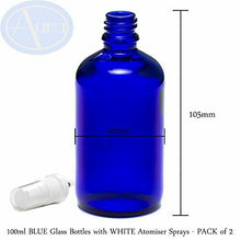 Carica l'immagine nel visualizzatore di Gallery, confezione da 2 - 100ml bottiglie di vetro blu con bianco ATOMIZZATORE...